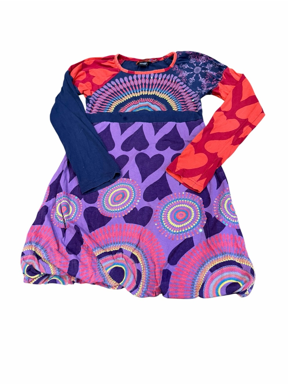 Desigual, Girls Purple Multicolor Heart & Mandala Print Casual Dress, Size 9-10